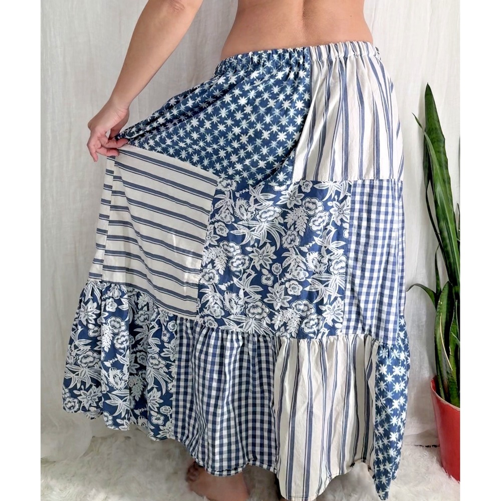 Cotton Patchwork Maxi Skirt L Cottage Boho Country Western Elastic Pockets Blue - Picture 3 of 4